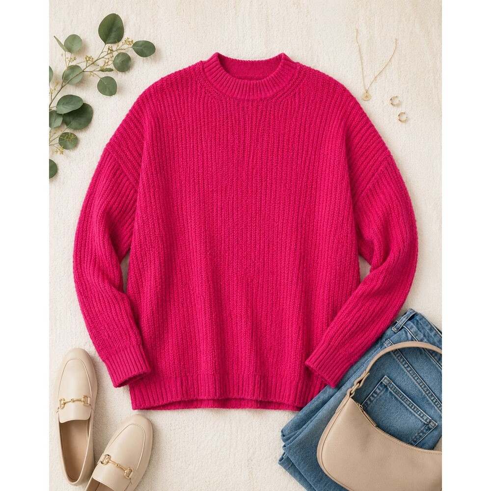 American Eagle Women M‎ Pink Textured Knit Crew Neck Sweater